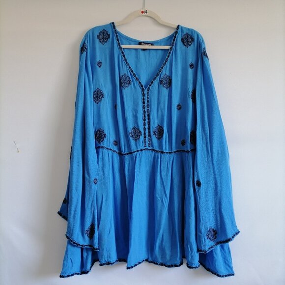 Roaman's Womens Blue V-Neck Embroidered Boho Style Tunic Mini Dress Size 28W - Picture 1 of 7